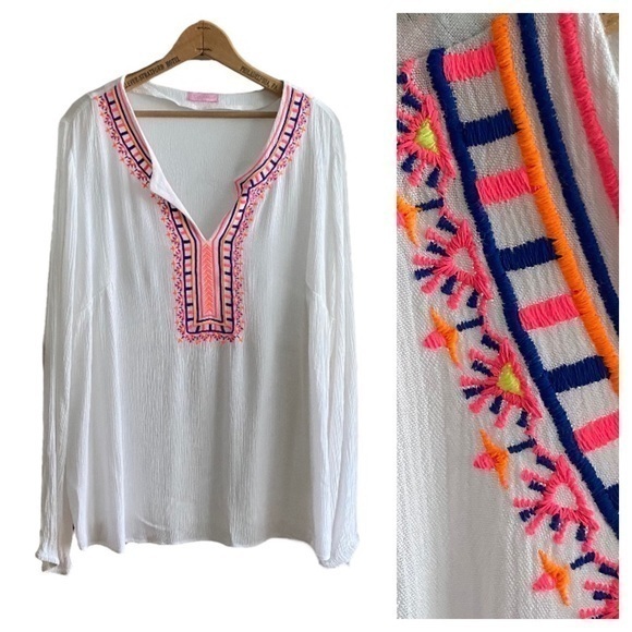 Lilly Pulitzer Tops - Lilly Pulitzer Resort White Pink Blue Orange Embroidered Dahle Tunic Top Medium